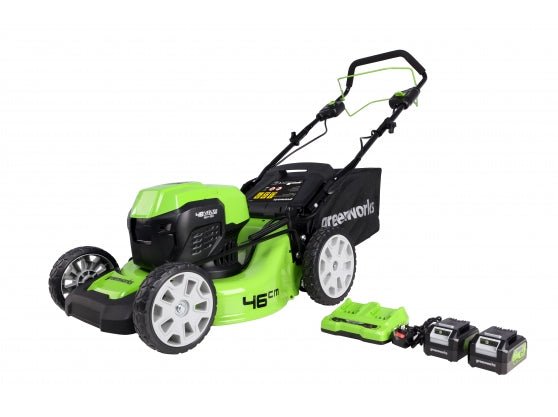 Greenworks 48V (2 x 24V) 46cm Brushless Self Propelled Lawnmower with Two 24V 4Ah Batteries & 2Ah Twin Charger - Risborough Garden Machinery