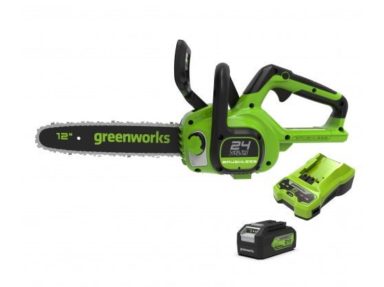 Greenworks 24V 30cm (12”) Cordless Brushless Chainsaw with 4Ah Battery & Charger - Risborough Garden Machinery